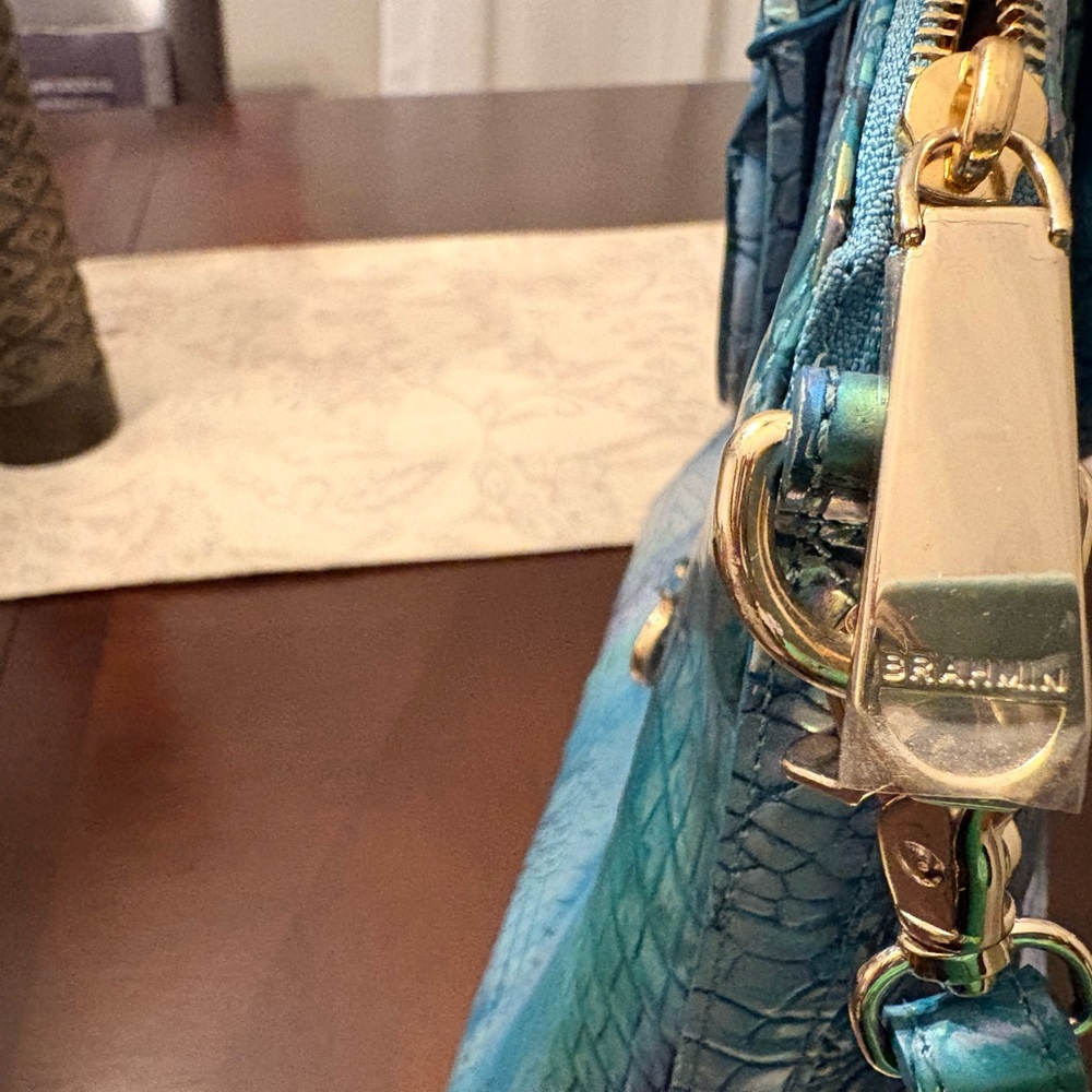 Brahmin Iridescent Teal Blue Croc-Embossed Satchel - Picture 6 of 11